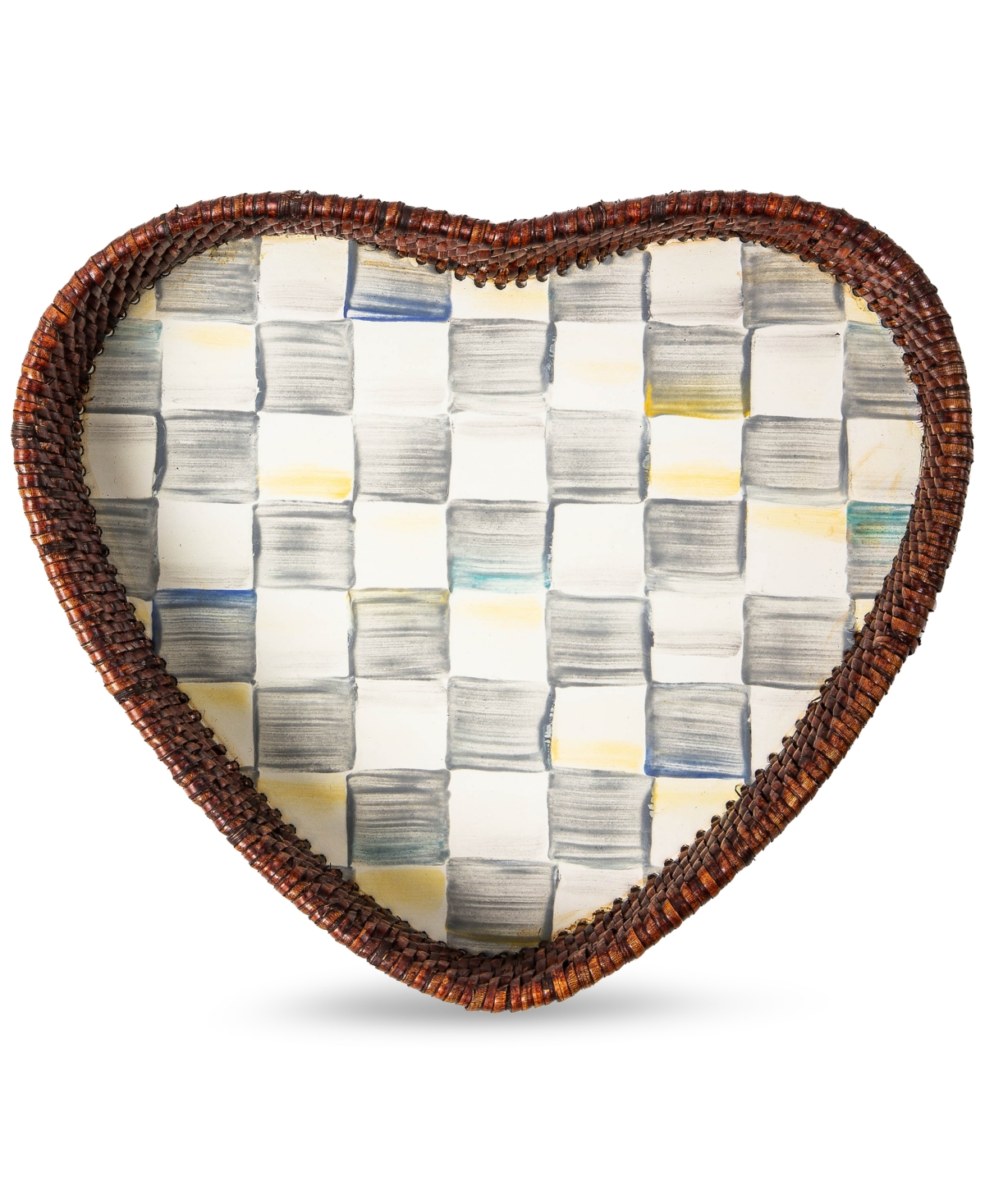 MACKENZIE-CHILDS STERLING CHECK RATTAN ENAMEL HEART TRAY 