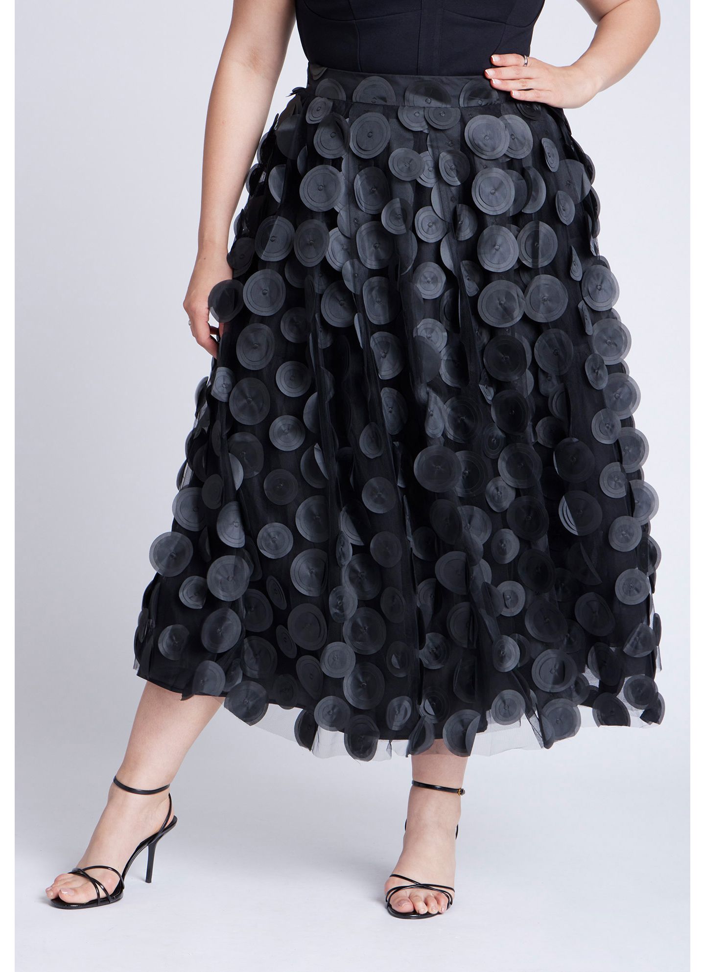 Женская юбка ELOQUII Plus Size Dimensional Dot Full, цвет: Чёрный оникс — фото 2