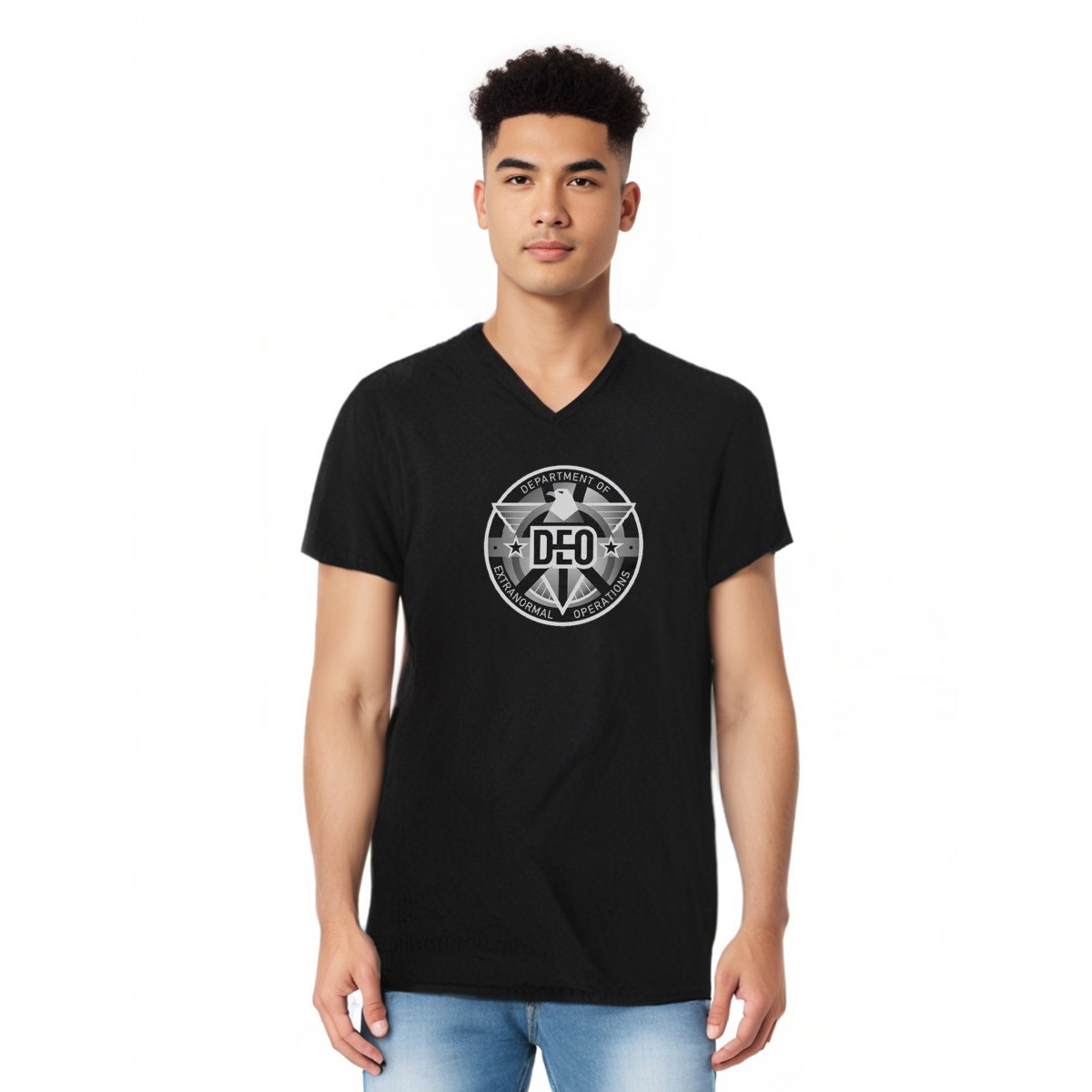 Mens Deo Short Sleeve Adult V Neck Premium Cotton Tee / T-Shirt - Black