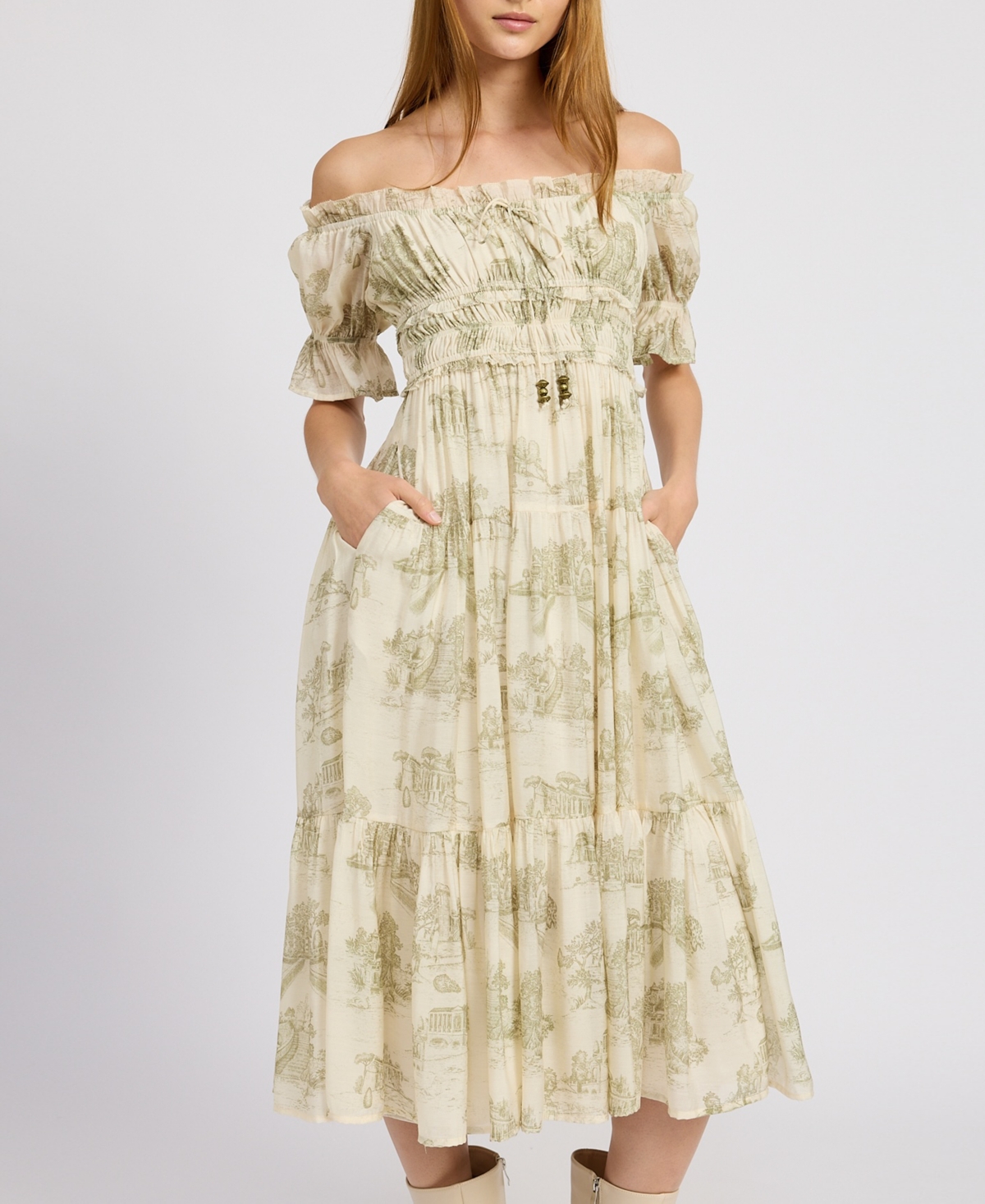 En Saison Leighton Toile Print Off The Shoulder Midi Dress In Cream Olive