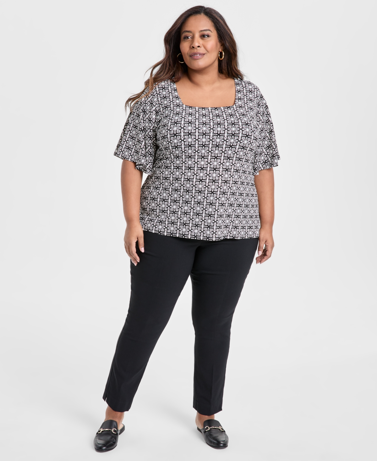 JM COLLECTION PLUS SIZE PRINTED SQUARE-NECK SHORT-SLEEVE TOP, EXCLUSIVELY AT MACY'S 
