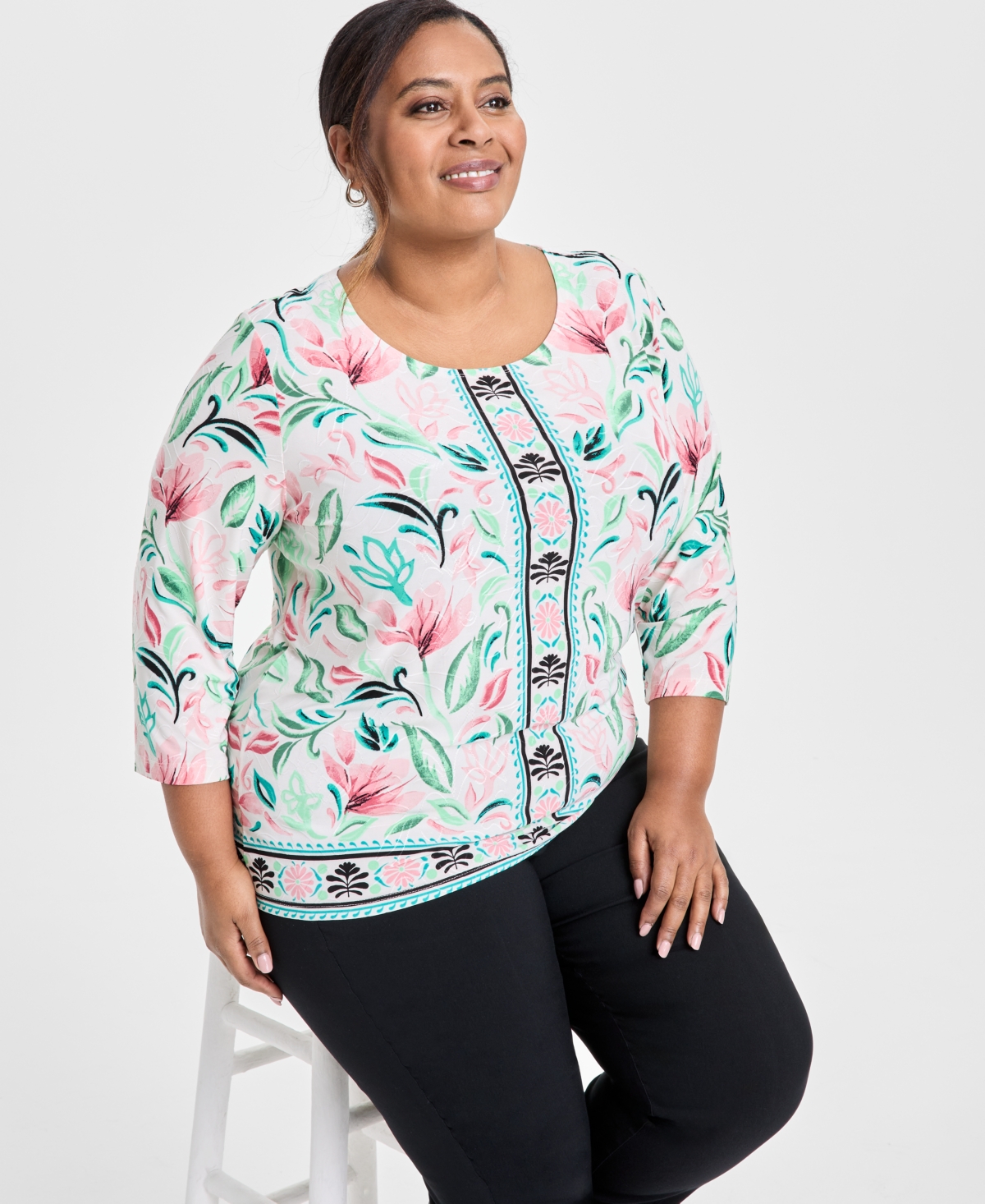 Jm Collection Plus Size Jacquard Floral-print 3/4-sleeve Top, Exclusively At Macy's In Multi