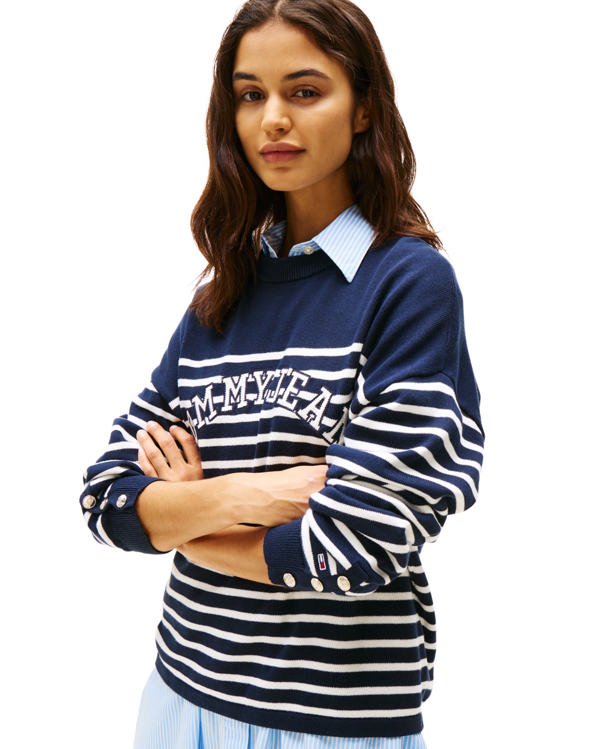 Tommy Jeans Women's Striped Cotton Varsity Sweater In Dark Night Navy