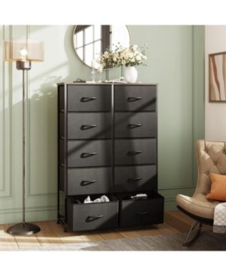 10-Drawer Dresser Fabric Storage Tower for Bedroom Hallway Closets Tall Chest Organizer Unit with Textured Print Fabric Bins Steel Frame Wood Top Easy Pull Handle