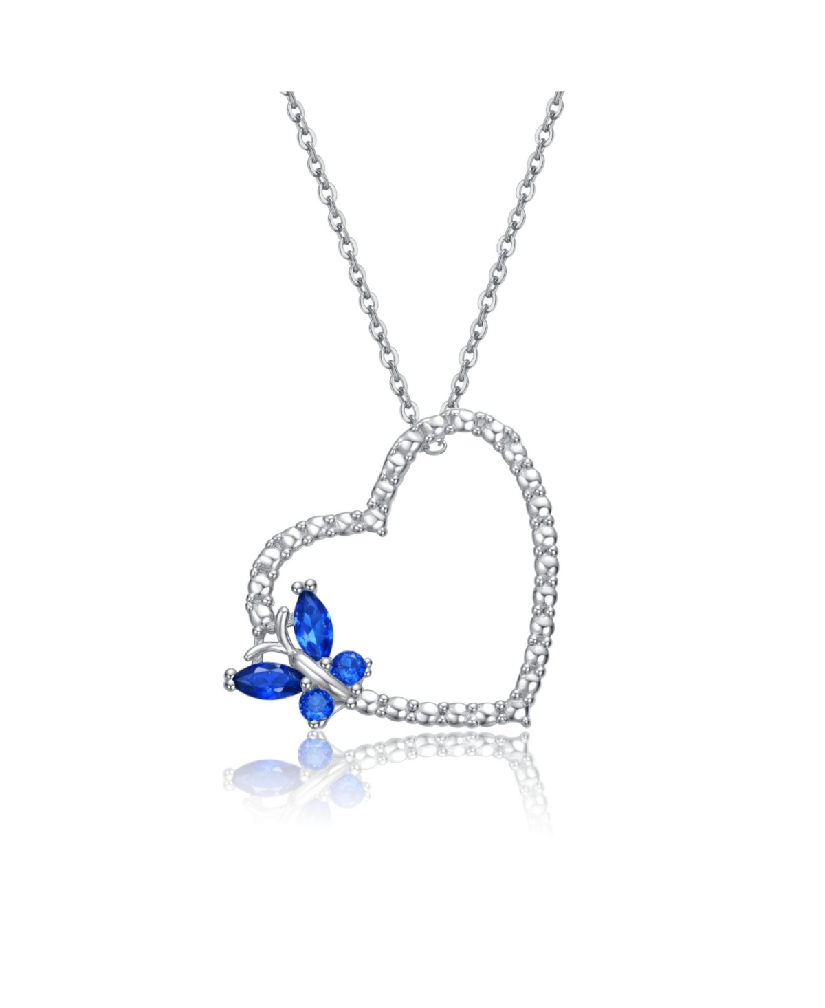 Sterling Silver with Butterfly Cubic Zirconia on Heart Shaped Pendant Necklace - Blue