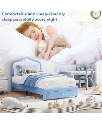 Twin Upholstered Bed Frame with Storage Drawers, Cute Girls & Boys Bed with Adjustable Headboard