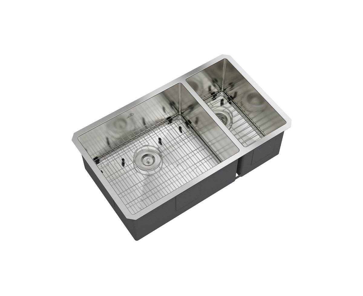 32inch L x 19inch W Double Basin Undermount Kitchen Sink with Accessories - Brushed nickel