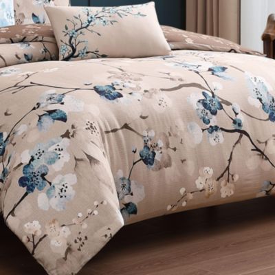 Blue Blossom Bedding 220 Thread Count 100% Cotton Sateen 5 Piece King Size Reversible Comforter Set