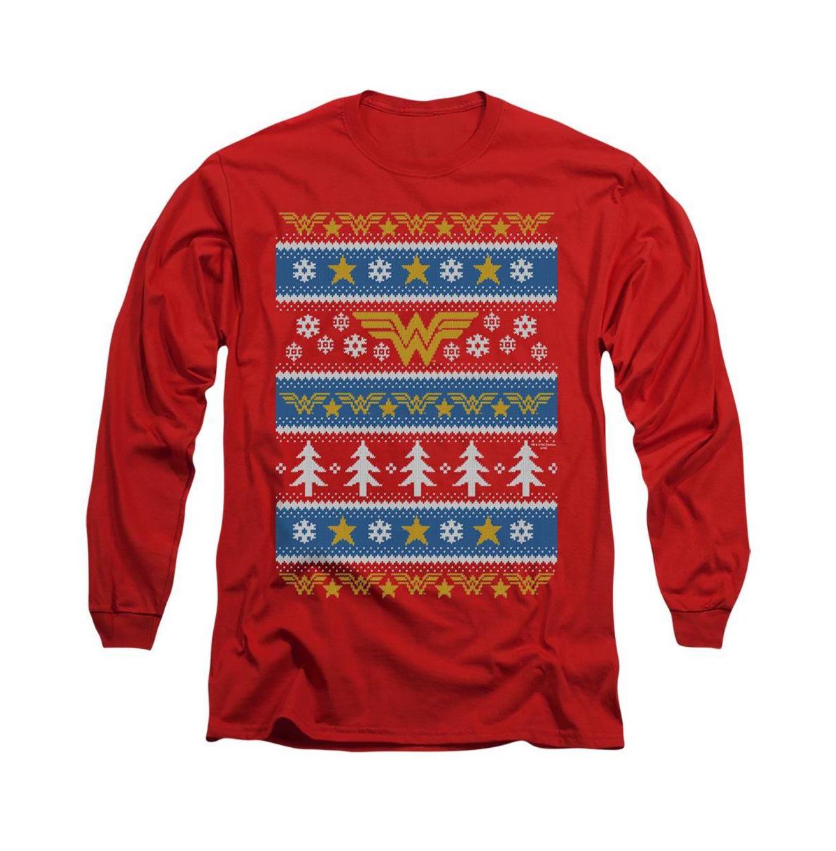 Men's Dc Comics Wonder Woman Wonder Woman Christmas Sweater Long Sleeve Adult Tee / T-Shirt - Red
