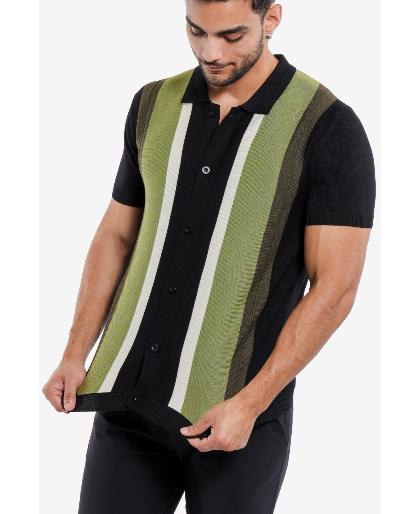 Мужские топы SPRING + MERCER Stripe Short Sleeve Sweater Polo, цвет: Чёрный / Оливковый — фото 6