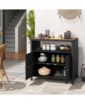 Rattan Storage Cabinet with Acacia Wood Countertop for Poolside Deck and Patio