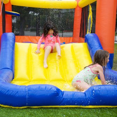 HeroKiddo Orange Small Bounce House Water Slide with Pool for Little Kids and Toddlers (with Blower), Jump and Slide, Basketball Hoop, Backyard Water Park, Outdoor Indoor, Wet Dry Use, Bouncy House