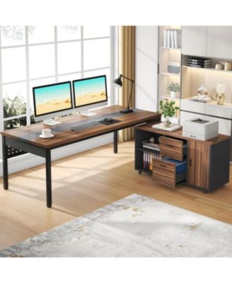 70.8" Large Executive Office Desk and 47" Lateral File Cabinet Combo, L-Shaped Computer Desk 2 Piece Business Furniture with Drawers and Shelves, Home Office Workstation