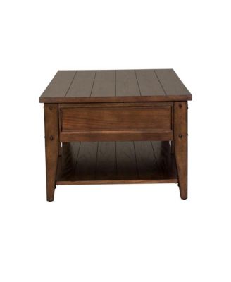 Rustic Oak Cocktail Table with Planked Top, Push-Through Drawers & Tapered Legs for Living Room