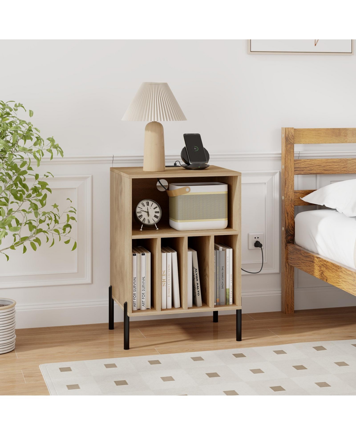 Gouun Record Player Stand with Record Storage Shelf and Charging Station