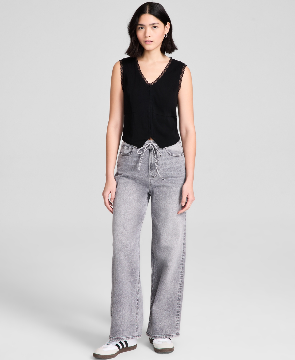 Women's Tie-Front Wide-Leg Jeans, Exclusively at Macy's - Light Grey