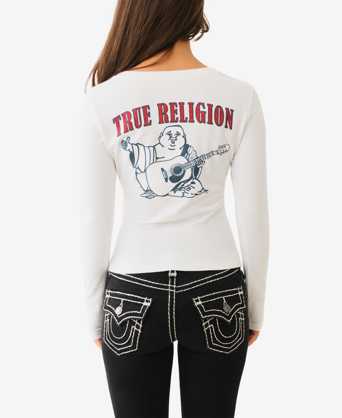 TRUE RELIGION WOMEN'S CRYSTAL BUDDHA V NECK TOP 