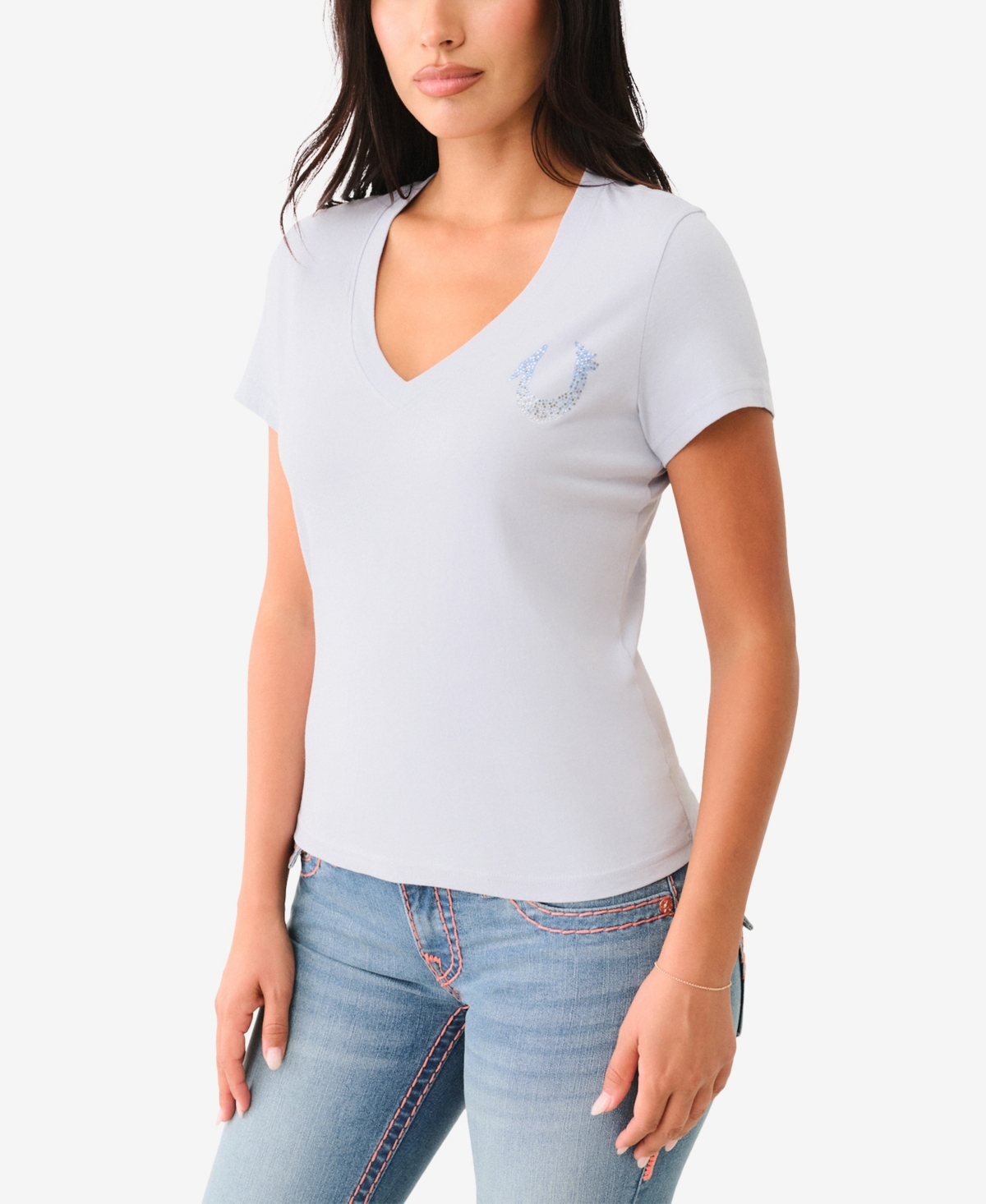 TRUE RELIGION WOMEN'S PAINTED OMBRE CRYSTALS V NECK TOP 