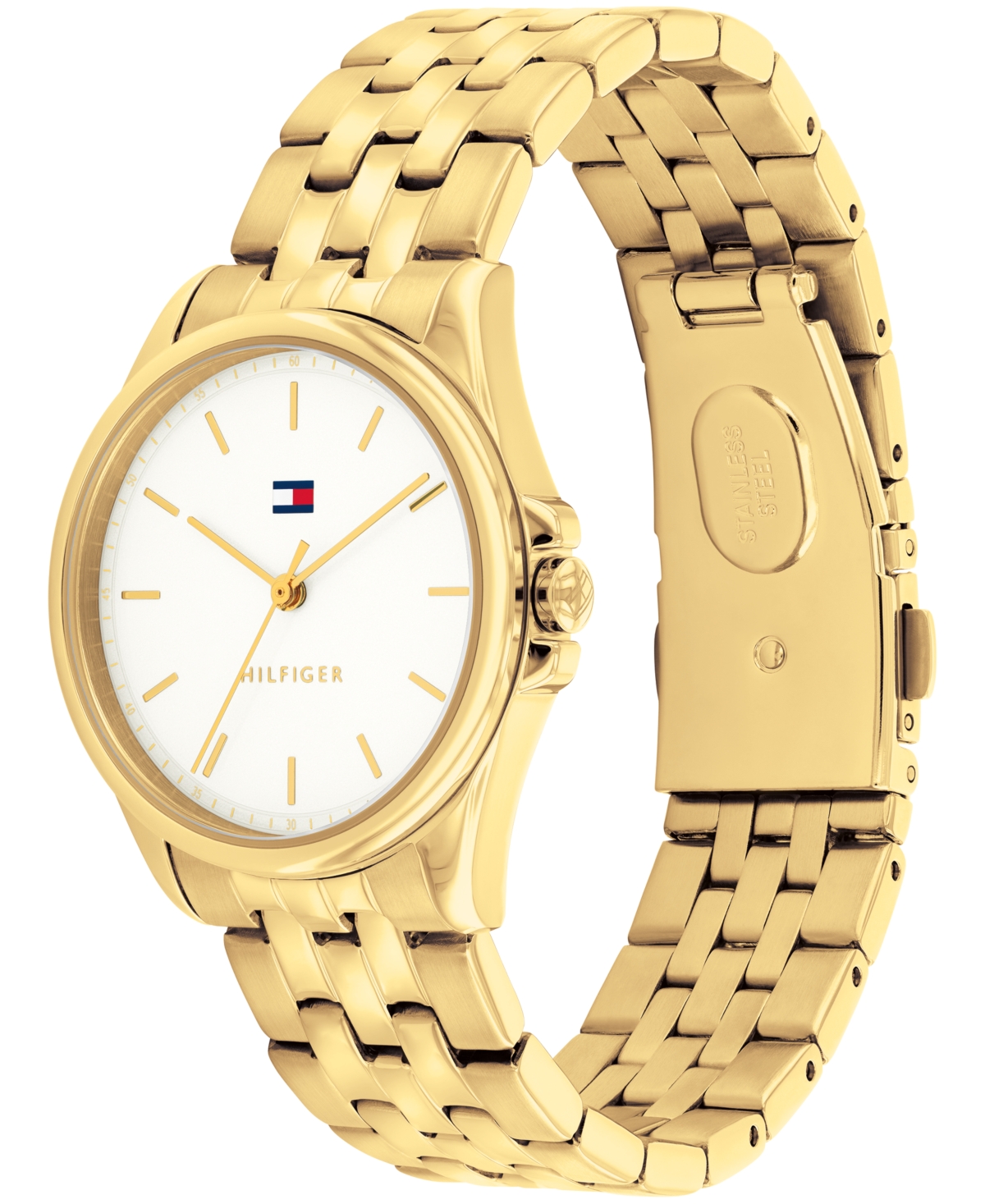 Shop Tommy Hilfiger Women's Quartz Gold Tone Stainless Steel Bracelet Watch, 30mm In White
