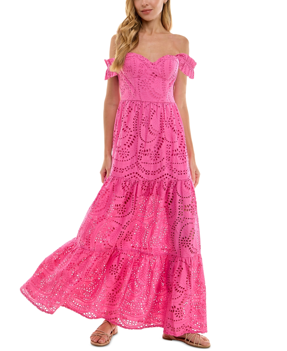 Juniors' Off-The-Shoulder Eyelet Maxi Dress - Fuchsia