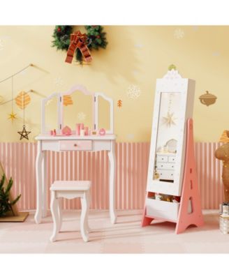 Kids Jewelry Cabinet with Full-Length Mirror and Foldable Drawer