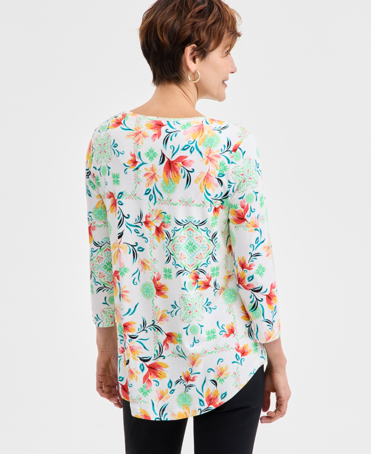 Shop Jm Collection Women's Printed Scoop-neck 3/4-sleeve Top, Exclusively At Macy's In Neo Natural