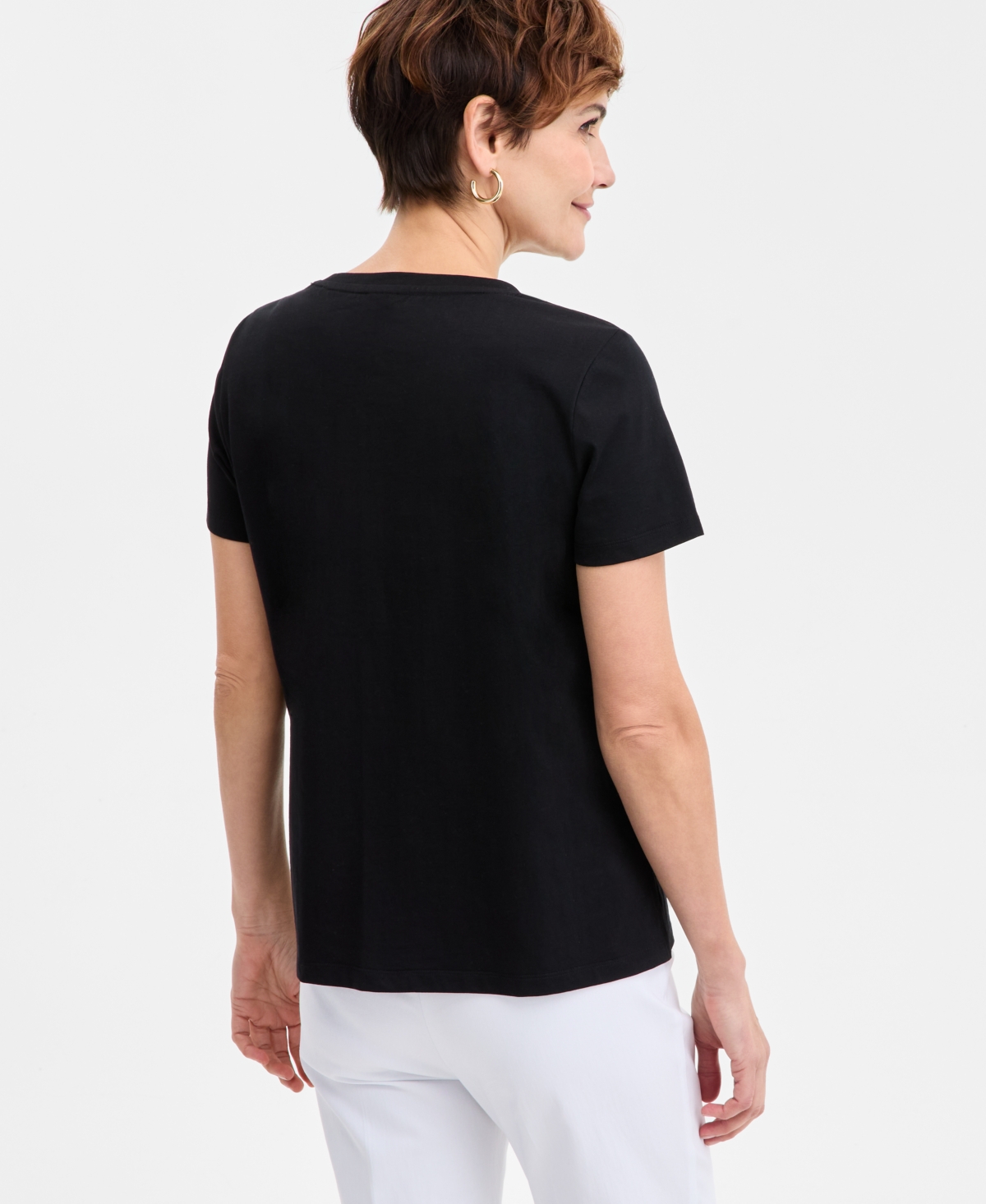 Shop Jm Collection Women's Embellished Cotton Polished T-shirt, Exclusively At Macys In Deep Black