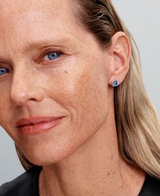 Sterling Silver Sparkling Square Blue Halo Stud Earrings