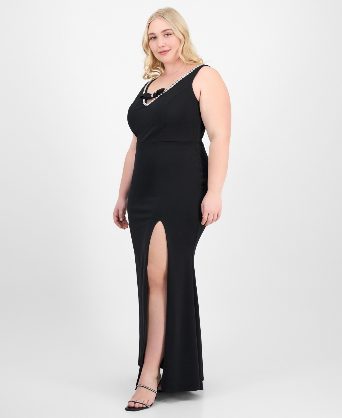 City Studios Trendy Plus Size Rhinestone-trim V-neck Sleeveless Gown In Black