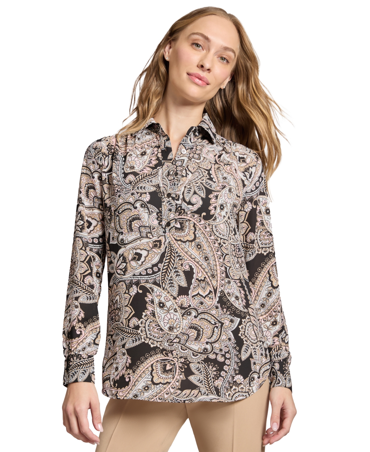 JONES NEW YORK WOMEN'S PAISLEY-PRINT SIDE-BUTTON TUNIC TOP 