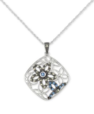 Macy's - Marcasite & Blue Crystal Diamond Shape Pendant 18" Necklace in Sterling Silver