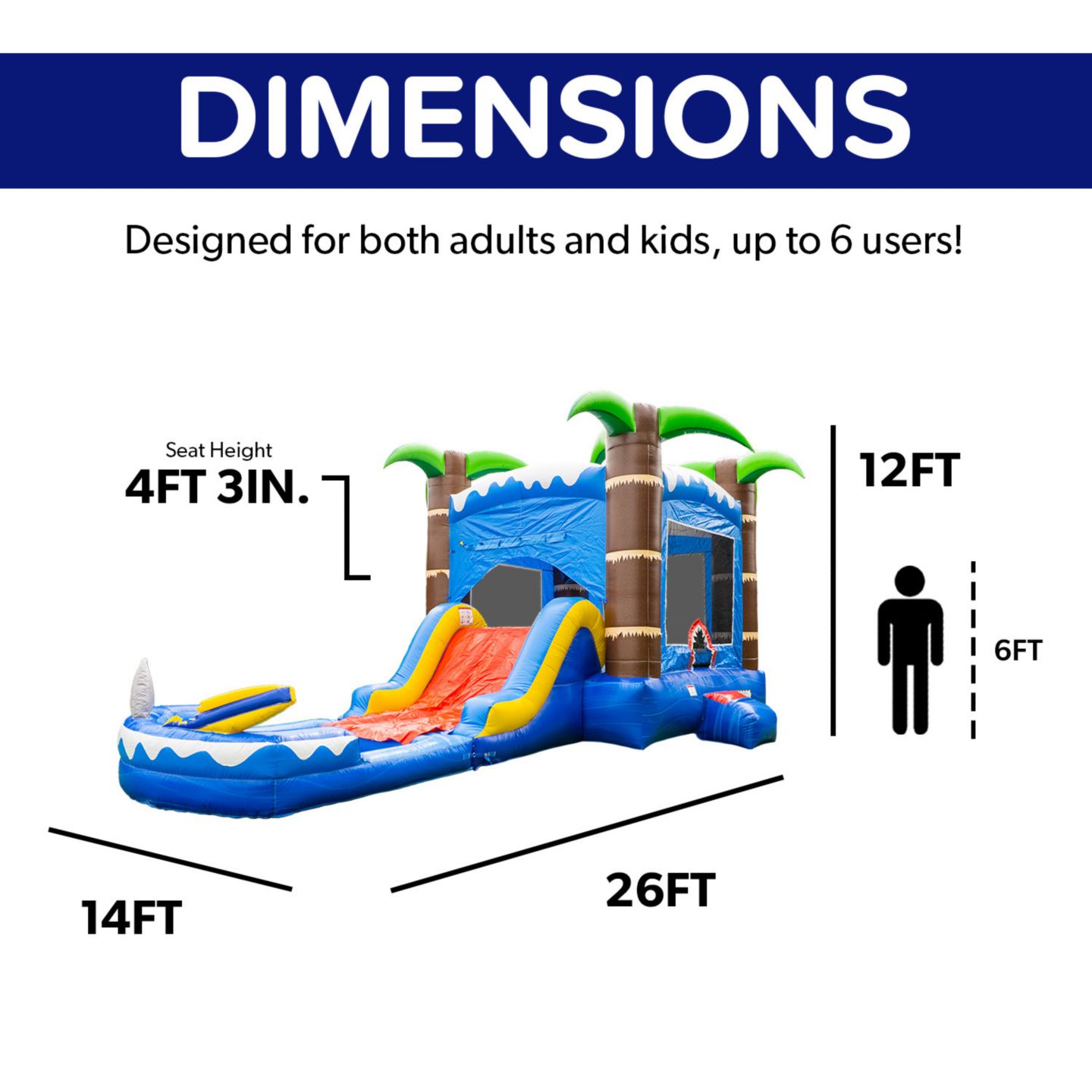 Детская игрушка HERO Kiddo Ocean Shark Vinyl Commercial Grade Bounce House Water Slide Combo with Attached Splash Pool, Up to 6 Users, Ages 3+, цвет: Синий / Красный — фото 2