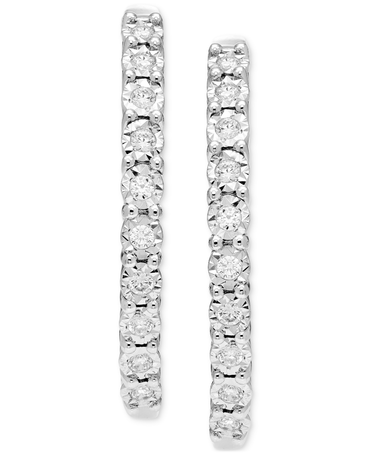 Macy's Diamond Sunray Textured Medium Hoop Earrings (1/2 Ct. T.w.) In Sterling Silver. 1.3" In Sterling S