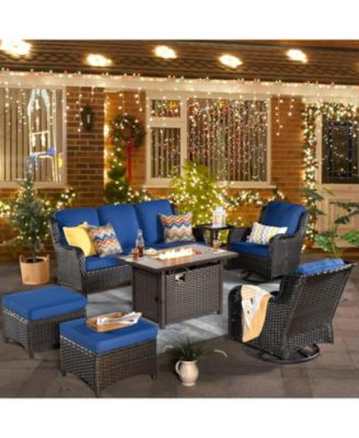 Outdoor Swivel Rocking Chairs Set, Patio Furniture Set with 50,000 BTU Rectangular Propane Fire Pit Table, 7 Pieces High Back Conversation Sofa and Side Table