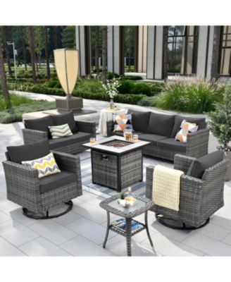 Patio Furniture Set 6 Piece Outdoor Sectional Sofa Set with Rocking Swivel Chairs Square Fire Pit Table Loveseat All Weather Wicker Rattan Conversation Sets for Yard Porch