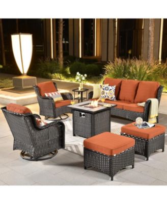 Patio Furniture Sets Outdoor Swivel Rocking Chairs with 50,000 BTU Propane Fire Pit Table 7 Pieces All Weather PE Wicker Conversation Sofa and Matching Side Table