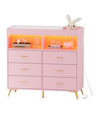 Dresser for Bedroom with 6 Drawers, Baby Changing Table Dresser with Changing Pad, LED Lights & Charging Station, Baby Changing Station with Changing Table Top