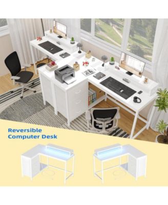 L Shaped Desk with Power Outlets & LED Lights, Computer Desk with Drawers & Shelves, Corner Desk Gaming Desk Home Office Desk