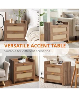 Night Stand Set of 2, Modern Nightstand with Type-C Charging Station, Bedside Tables with 2 PE Rattan Drawers, Rattan Nightstands for Bedroom Living Room