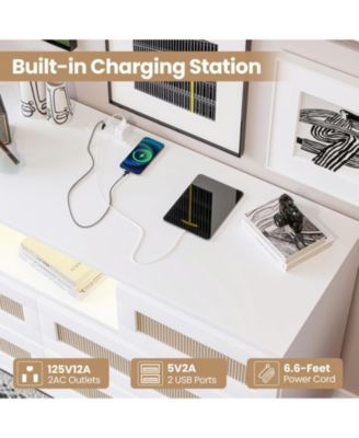 1Pc Natural Rattan & Particle Board 6-Drawer, RGB LED Light & Charging Station Storage Cabinet