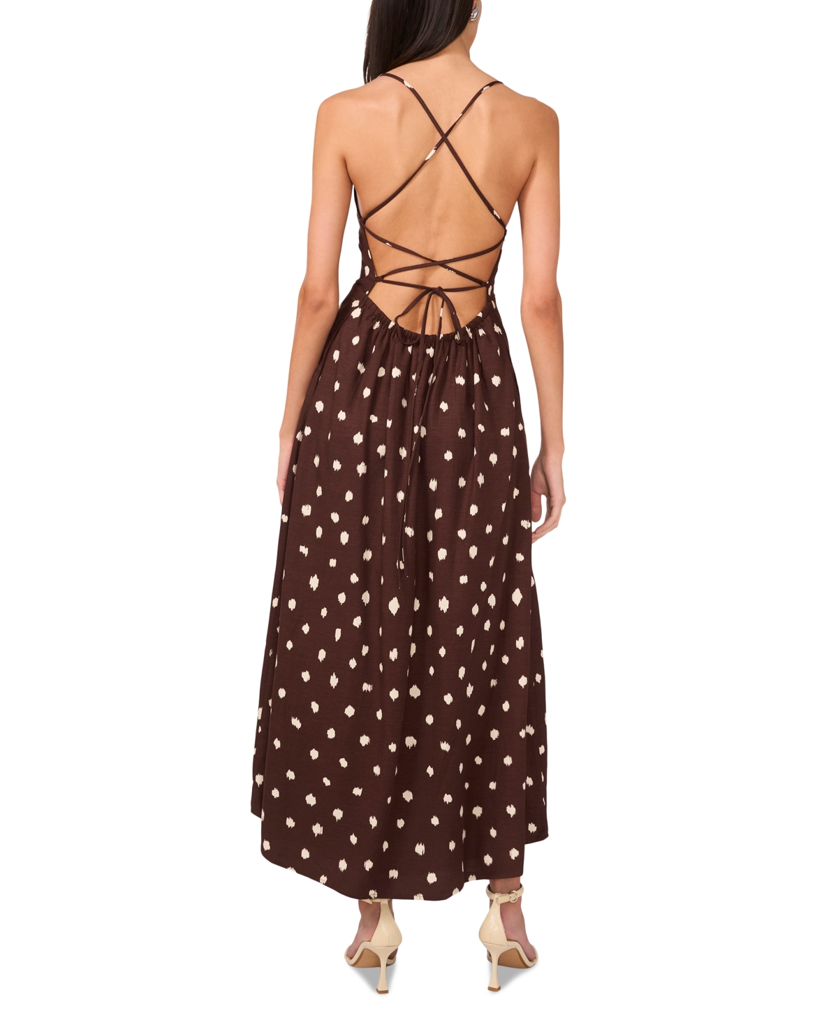 1.state Polka Dot Lace-up Maxi Dress In Mahogany