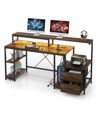Computer Desk 63" With File Drawer, Gaming Desk With Led Light & Power Outlets, Home Office Desk With Printer Space, Storage Shelves & Monitor Stand, Ideal for Work Game Study
