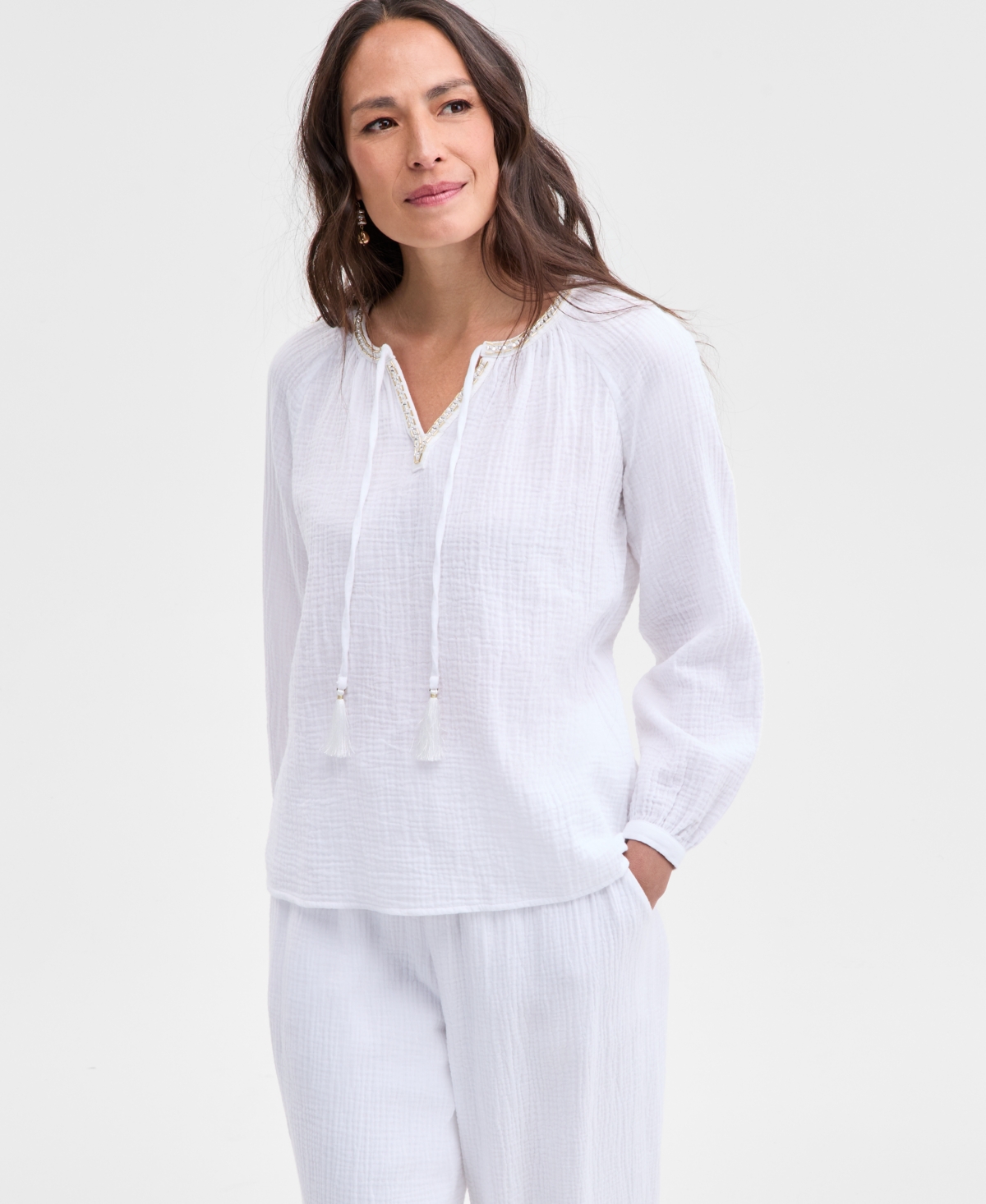 Shop Jm Collection Women's Cotton Gauze Split-neck Beaded Top, Exclusively At Macy's In Bright White