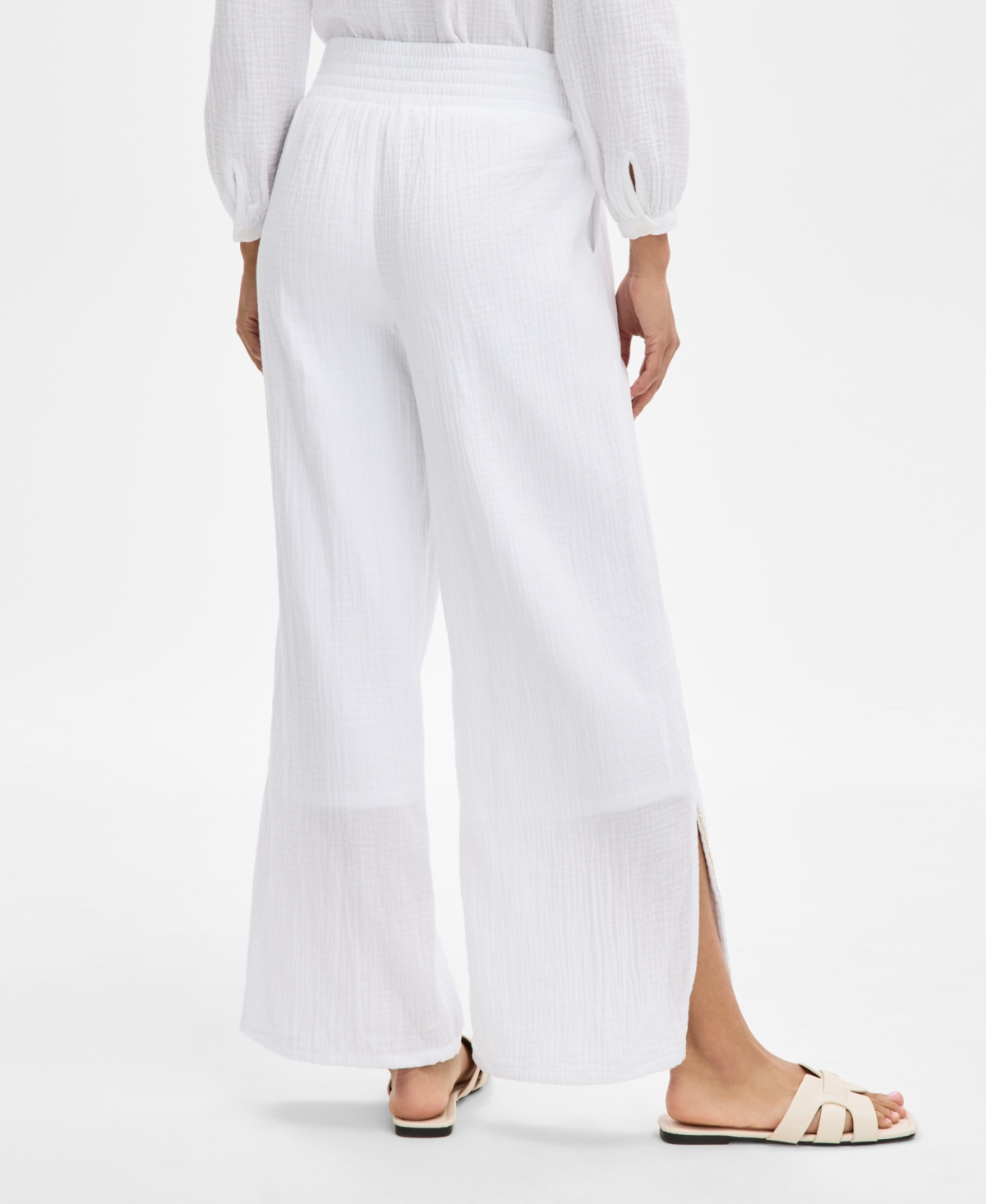 JM COLLECTION WOMEN'S COTTON GAUZE EMBELLISHED SLIT PANTS, EXCLUSIVELY AT MACY'S 