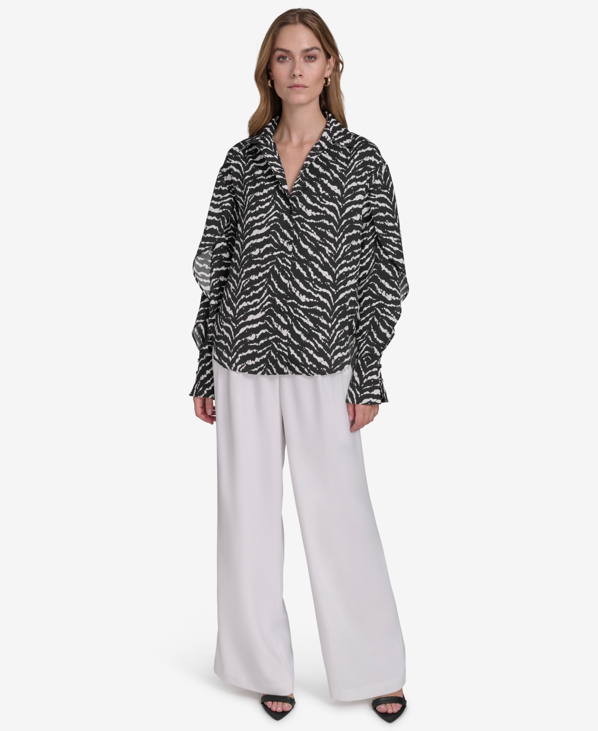 HALSTON WOMEN'S PRINTED SATIN OPEN-SLEEVE BLOUSE 