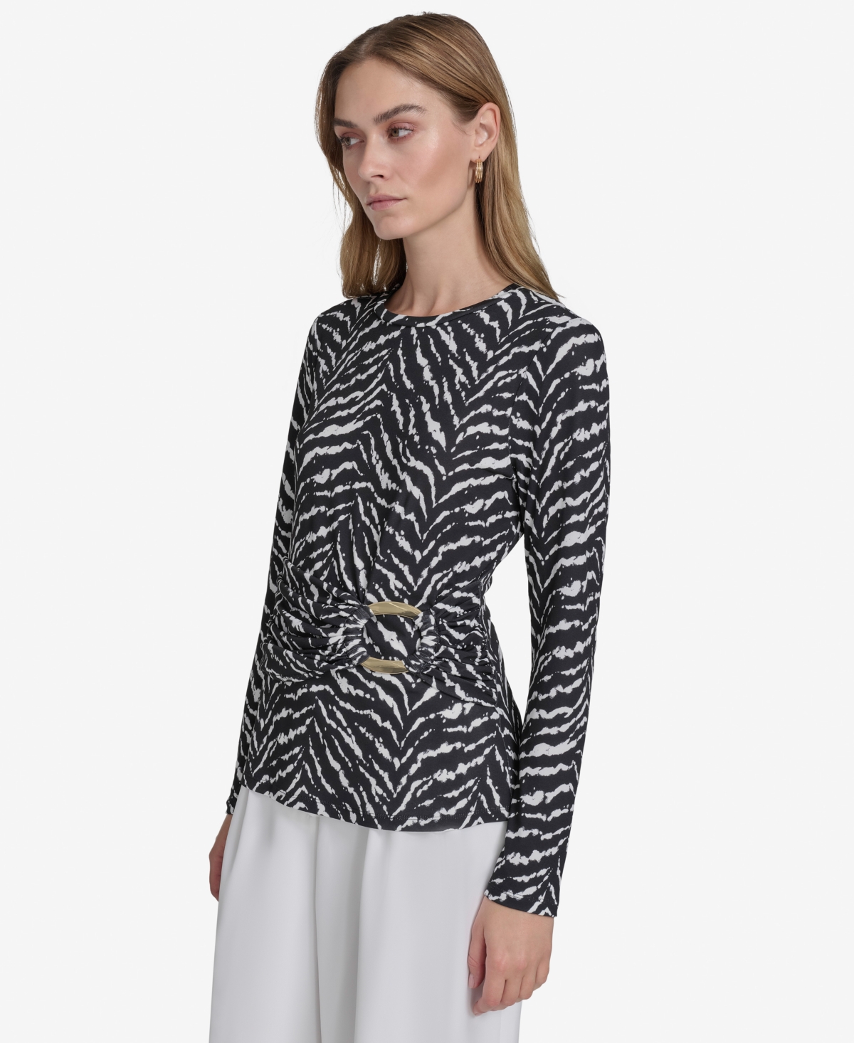 HALSTON WOMEN'S PRINTED SASH-WAIST LONG-SLEEVE TUNIC 