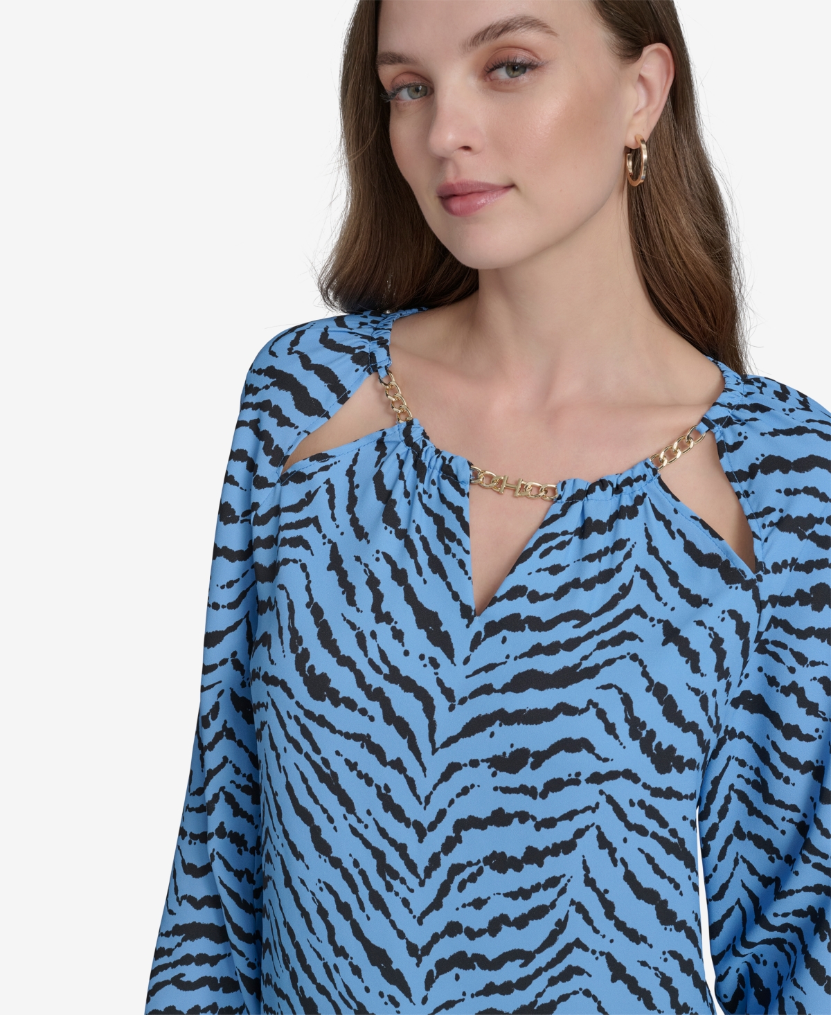 HALSTON WOMEN'S PRINTED CHAIN CUT-OUT BLOUSE 