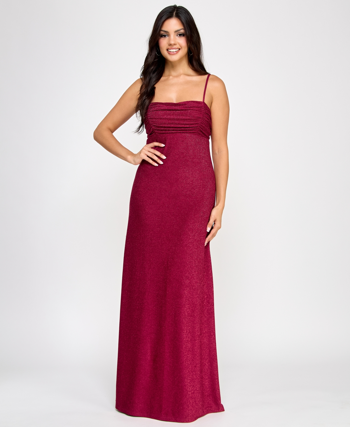 Juniors' Glitter Tie-Back Pleated-Neck Gown, Created for Macy's - Wine