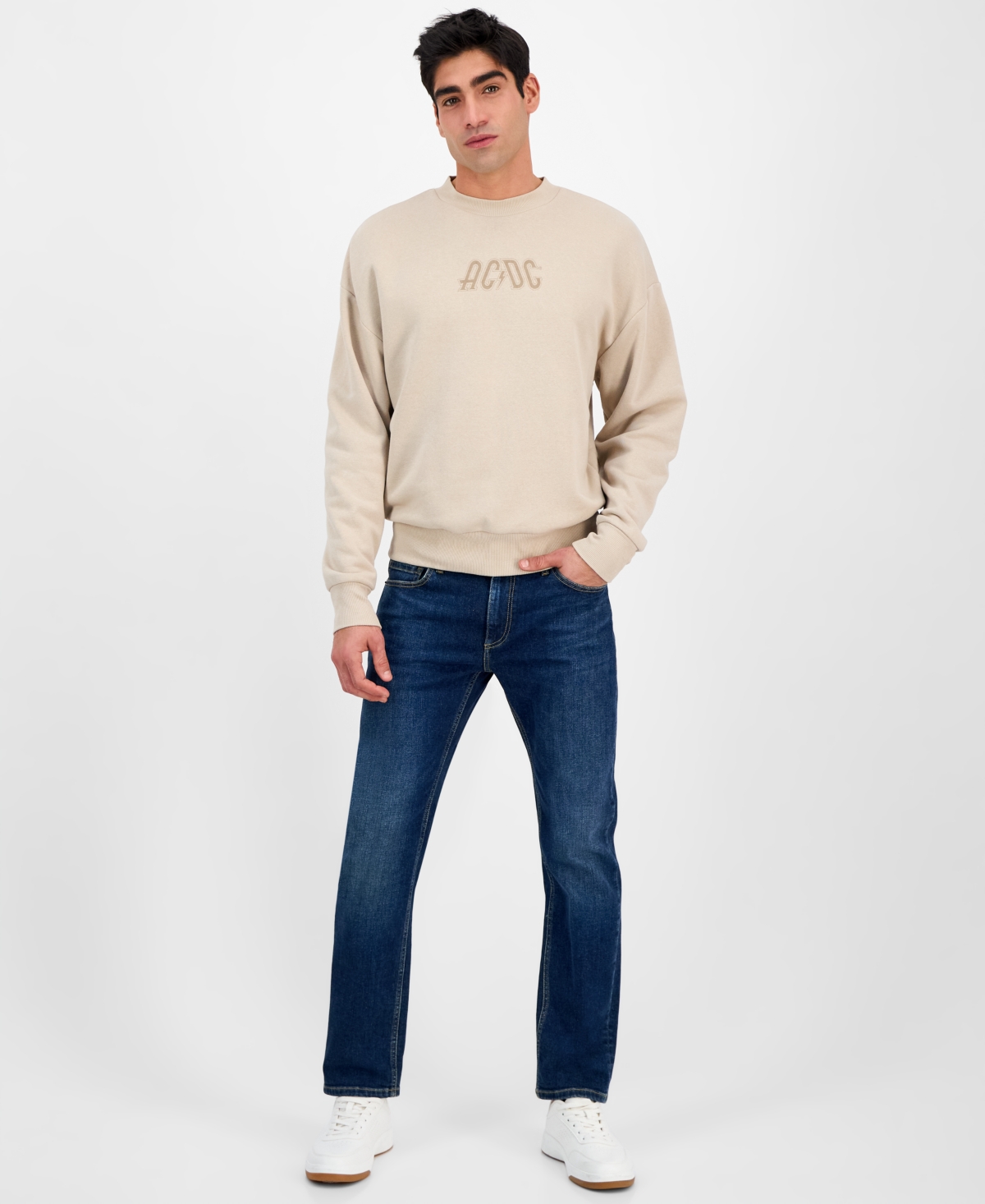 Tai Apparel Men's Ac/dc Relaxed Fit Long Sleeve Crewneck Graphic Sweatshirt In Beige