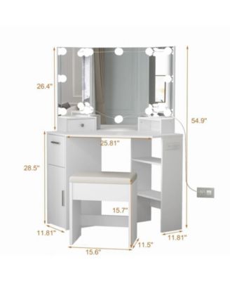 2-Pc MDF Corner Vanity with Mirror Lights, Power Outlet, 2 Drawers, Stool, 3-Color Lighting – Vanity Table